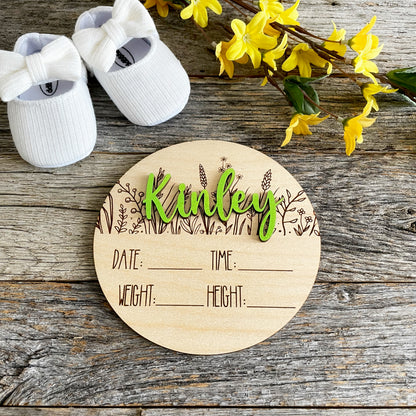 Custom laser engraved Baby Birth Announcement, wildflowers, Wood baby photo prop