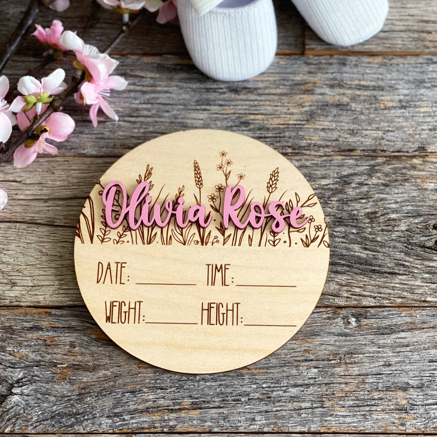 Custom laser engraved Baby Birth Announcement, wildflowers, Wood baby photo prop