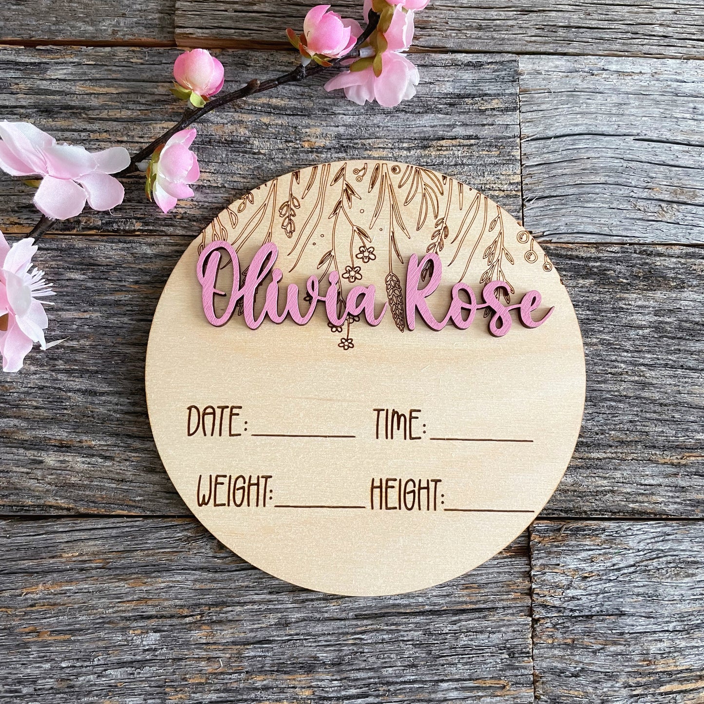 Custom laser engraved Baby Birth Announcement, wildflowers, Wood baby photo prop