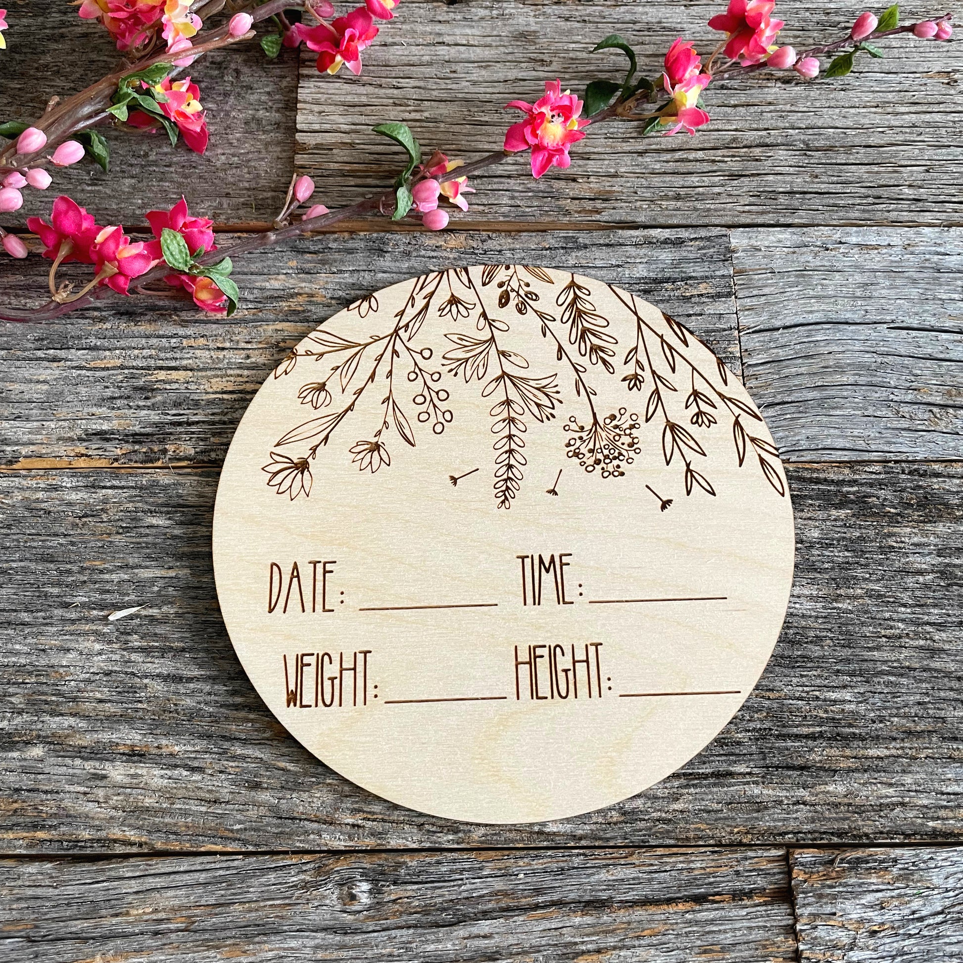 Custom laser engraved Baby Birth Announcement, wildflowers, Wood baby photo prop