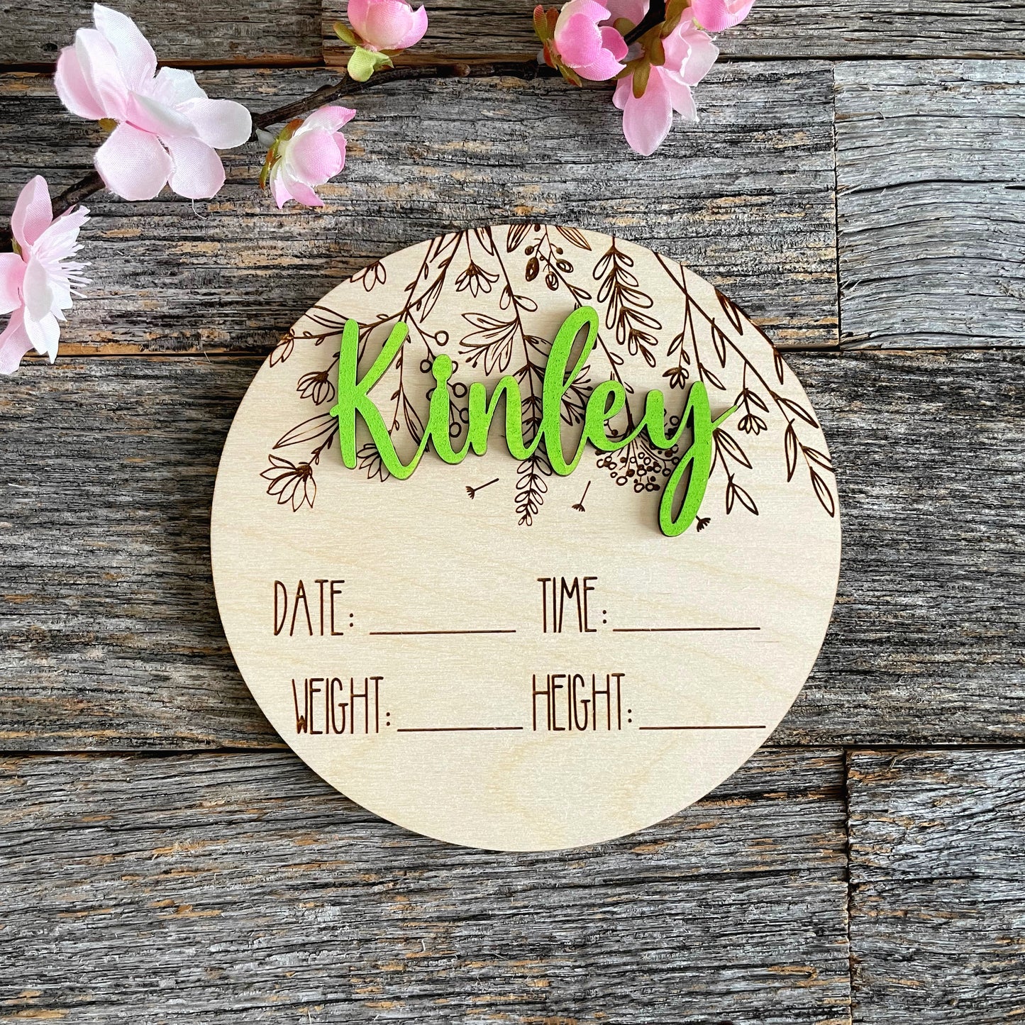 Custom laser engraved Baby Birth Announcement, wildflowers, Wood baby photo prop