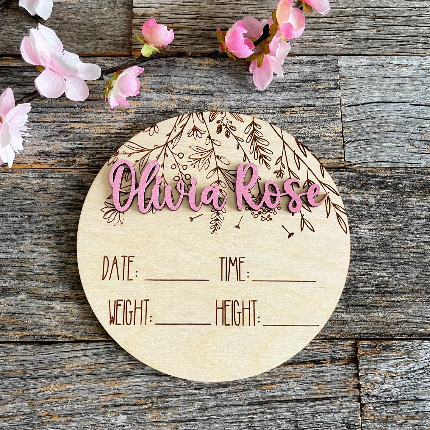 Custom laser engraved Baby Birth Announcement, wildflowers, Wood baby photo prop