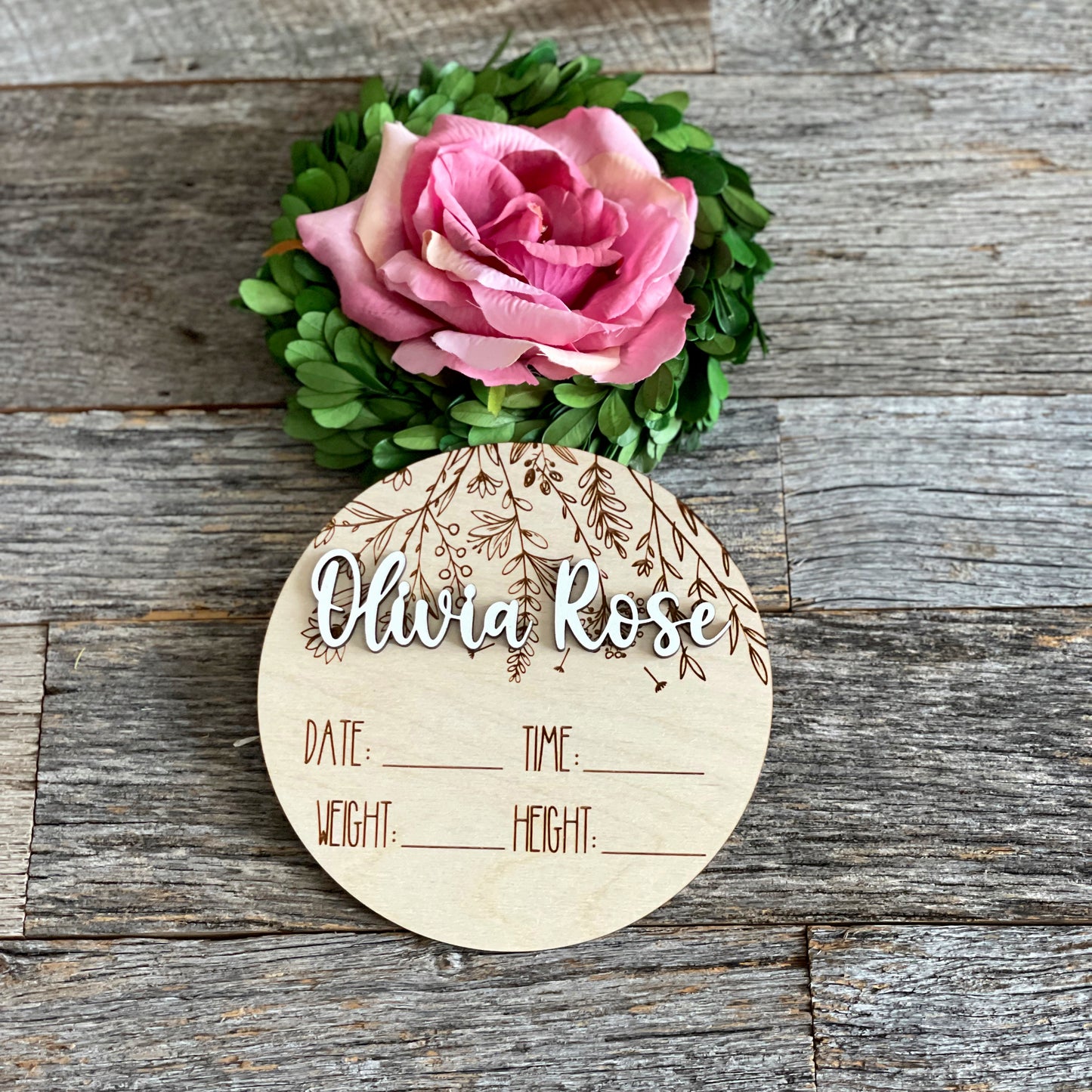 Custom laser engraved Baby Birth Announcement, wildflowers, Wood baby photo prop