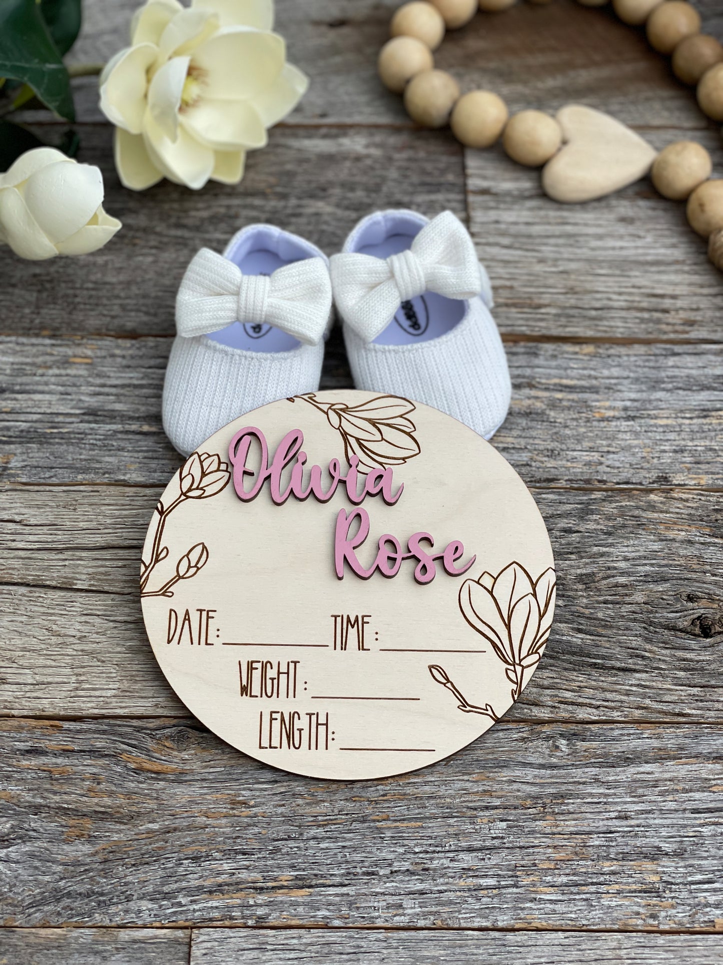 Custom laser engraved Baby Birth Announcement, Magnolia, Floral wood baby photo prop