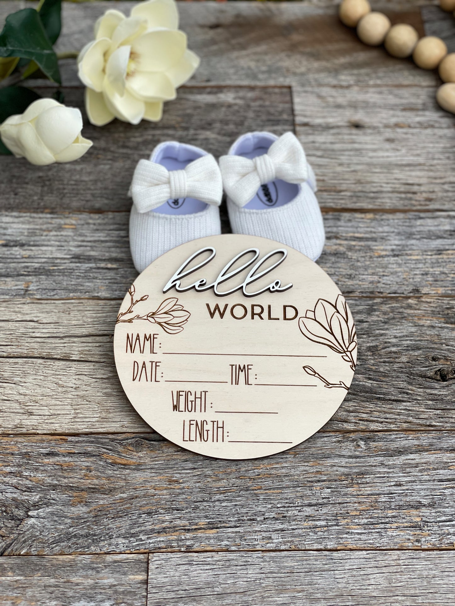 Laser engraved Baby Birth Announcement, magnolia, wooden baby gift, baby name announcement