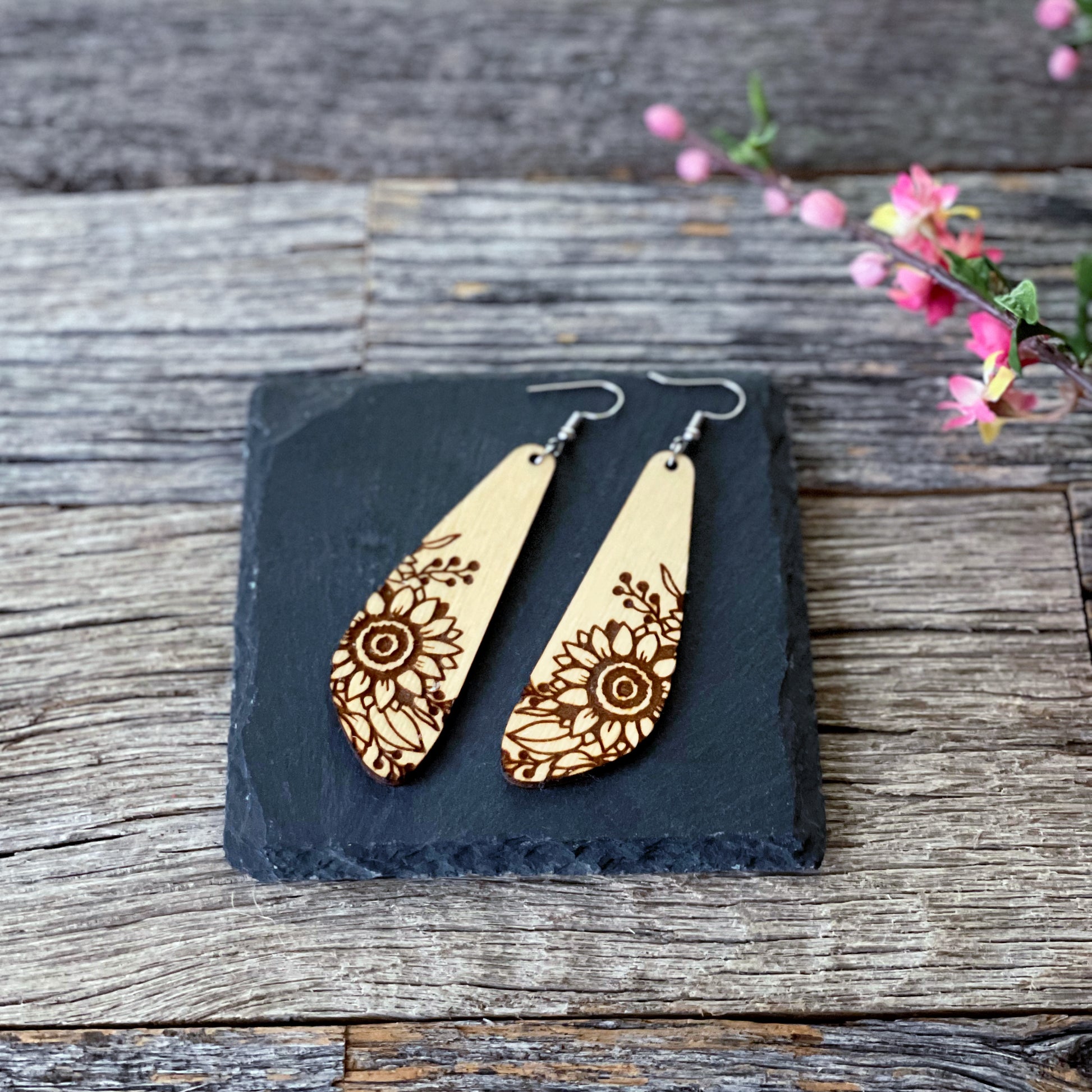 Laser cut and engraved wood sunflower earrings