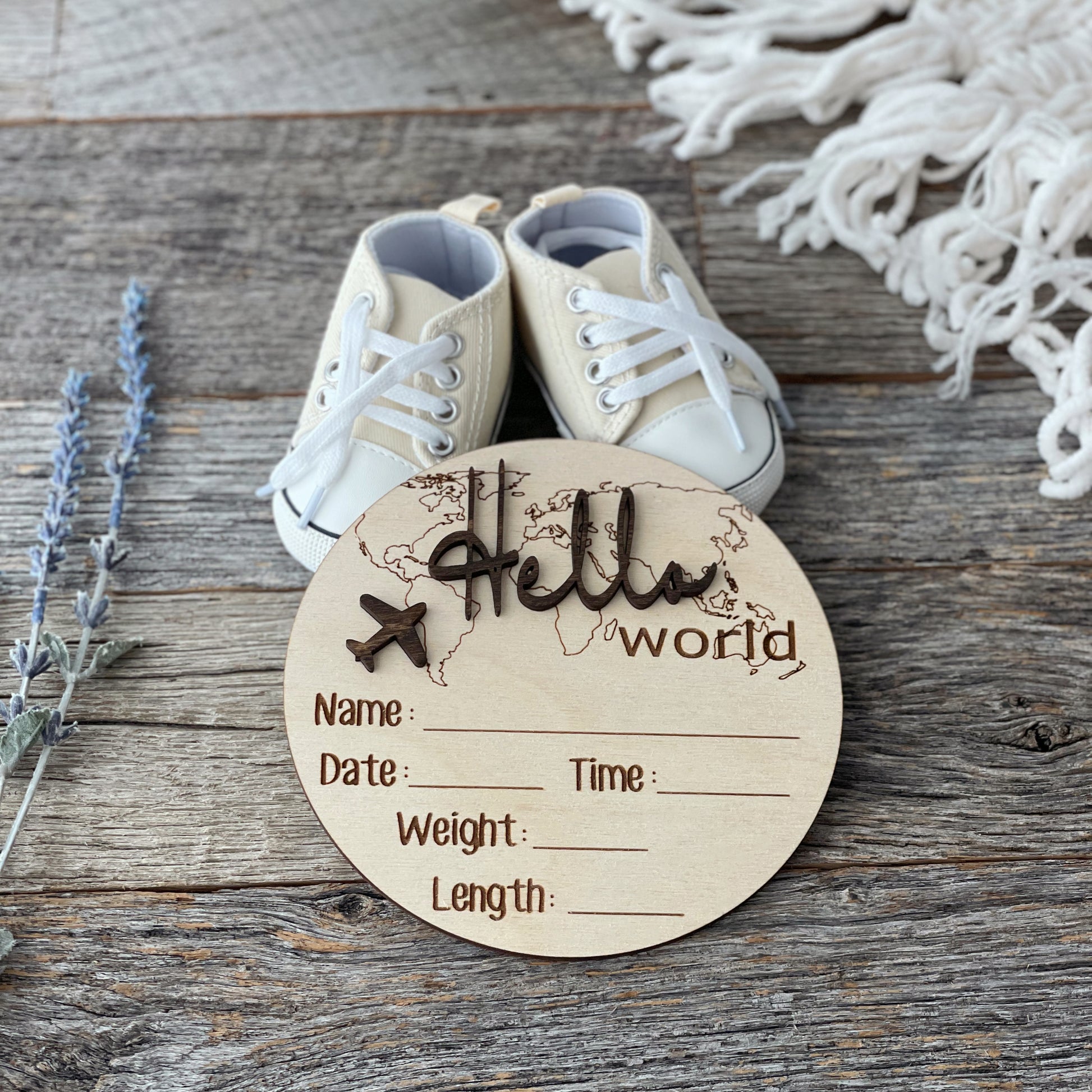 Personalized laser engraved Baby Birth Announcement, World Traveler, Wood baby photo prop