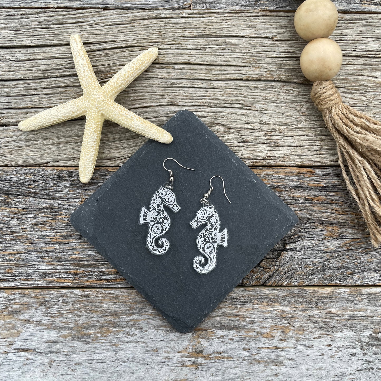 Stunning laser engraved acrylic Seahorse earrings