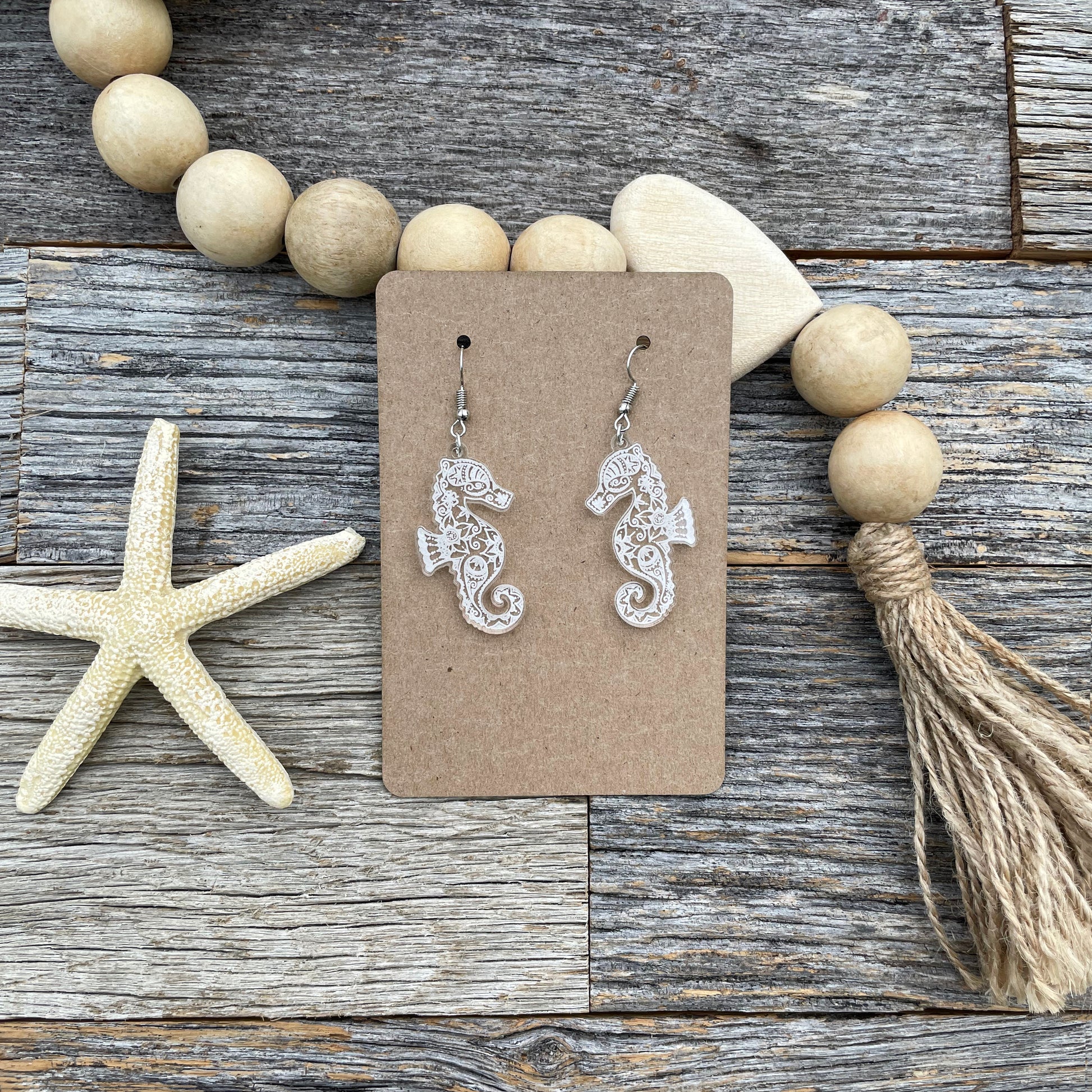 Stunning laser engraved acrylic Seahorse earrings