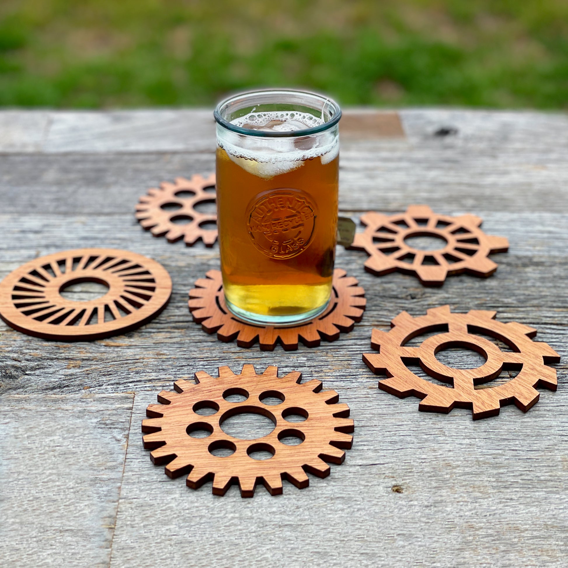 Laser cut gear coasters, gear cog coasters, engraved men's gifts