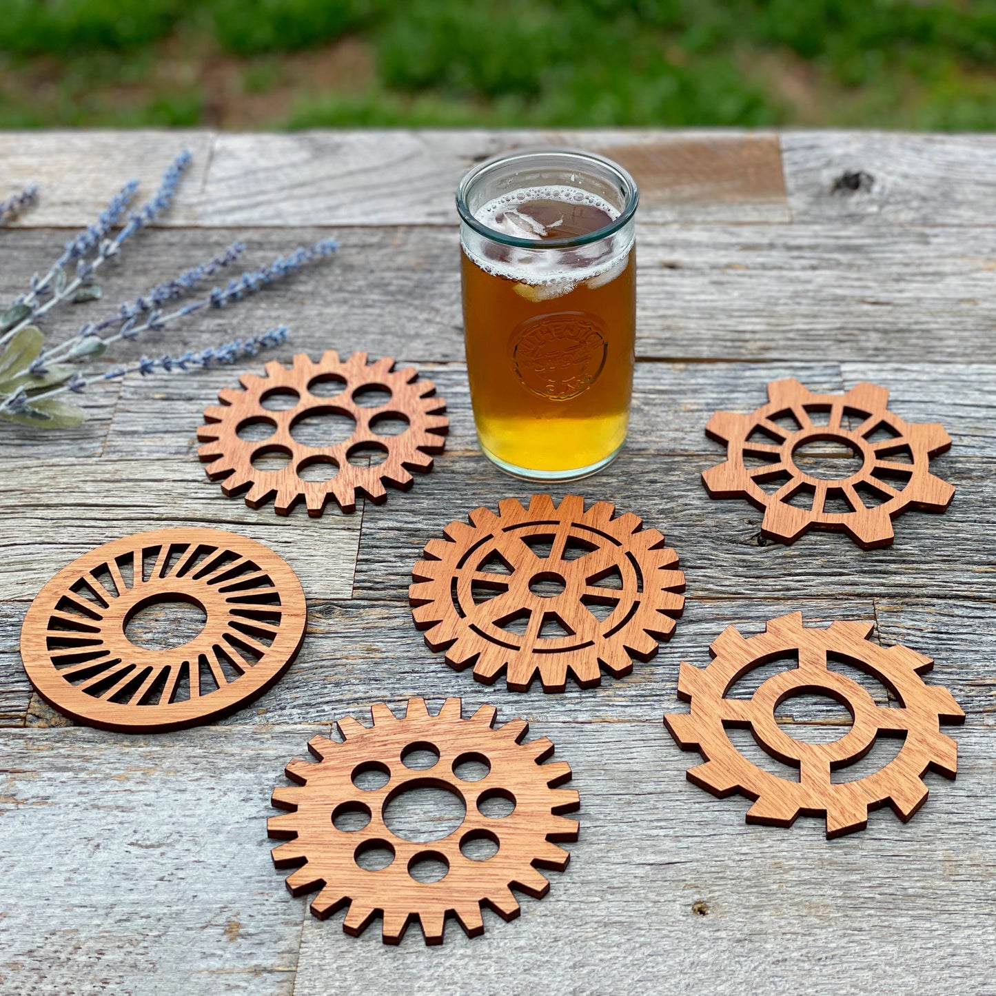 Laser cut gear coasters, gear cog coasters, engraved men's gifts