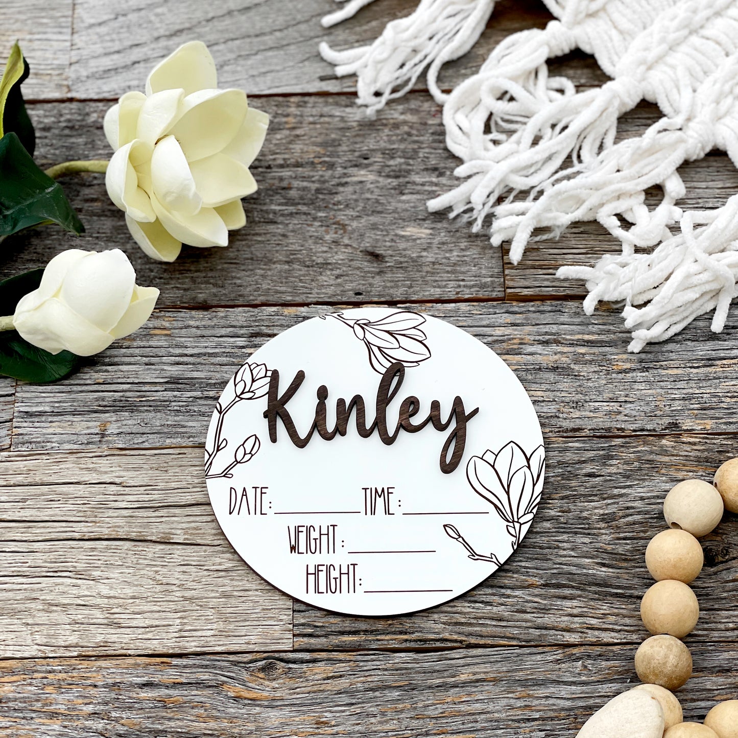 Custom laser engraved Baby Birth Announcement, Magnolia, Floral wood baby photo prop, white