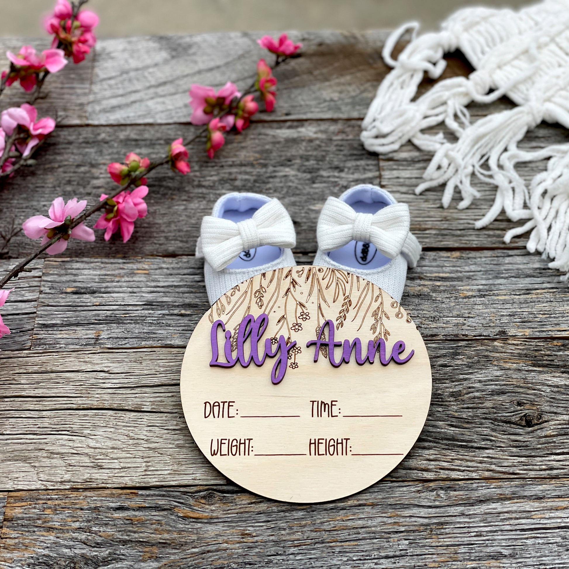 Custom laser engraved Baby Birth Announcement, wildflowers, Wood baby photo prop