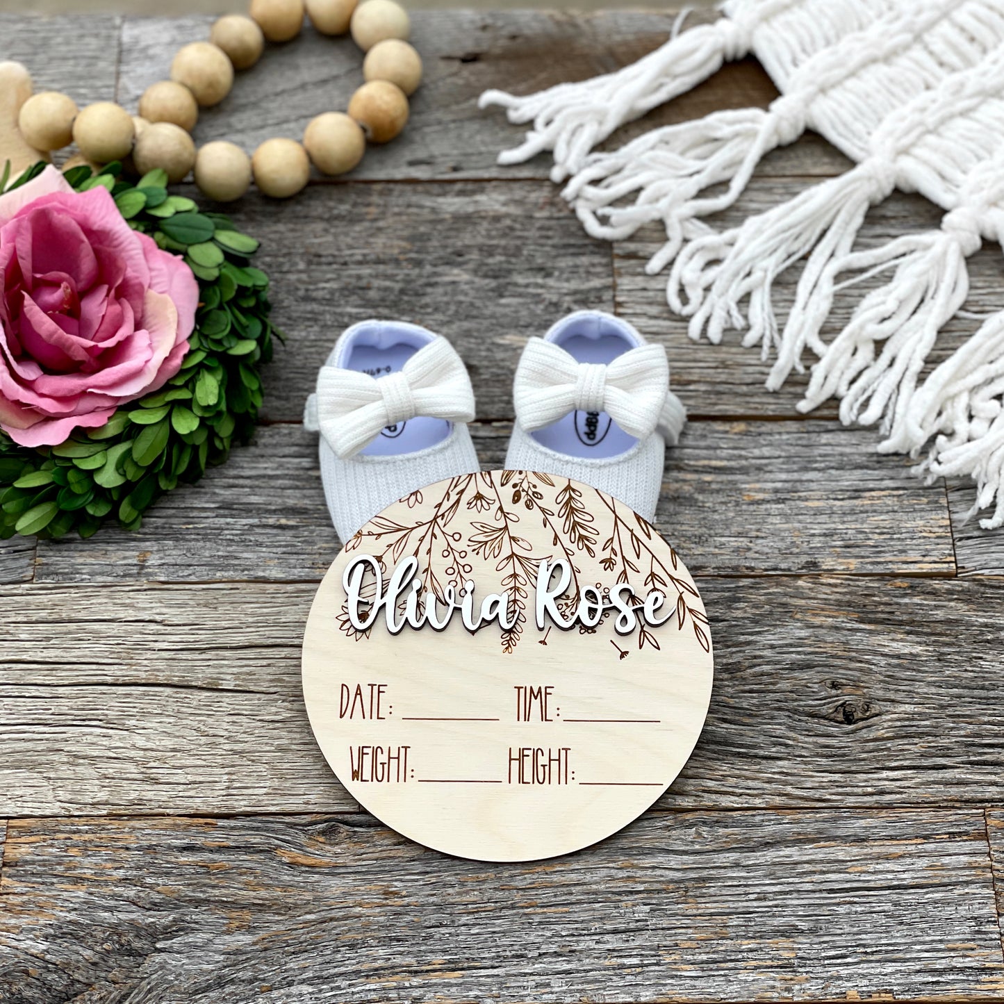 Custom laser engraved Baby Birth Announcement, wildflowers, Wood baby photo prop