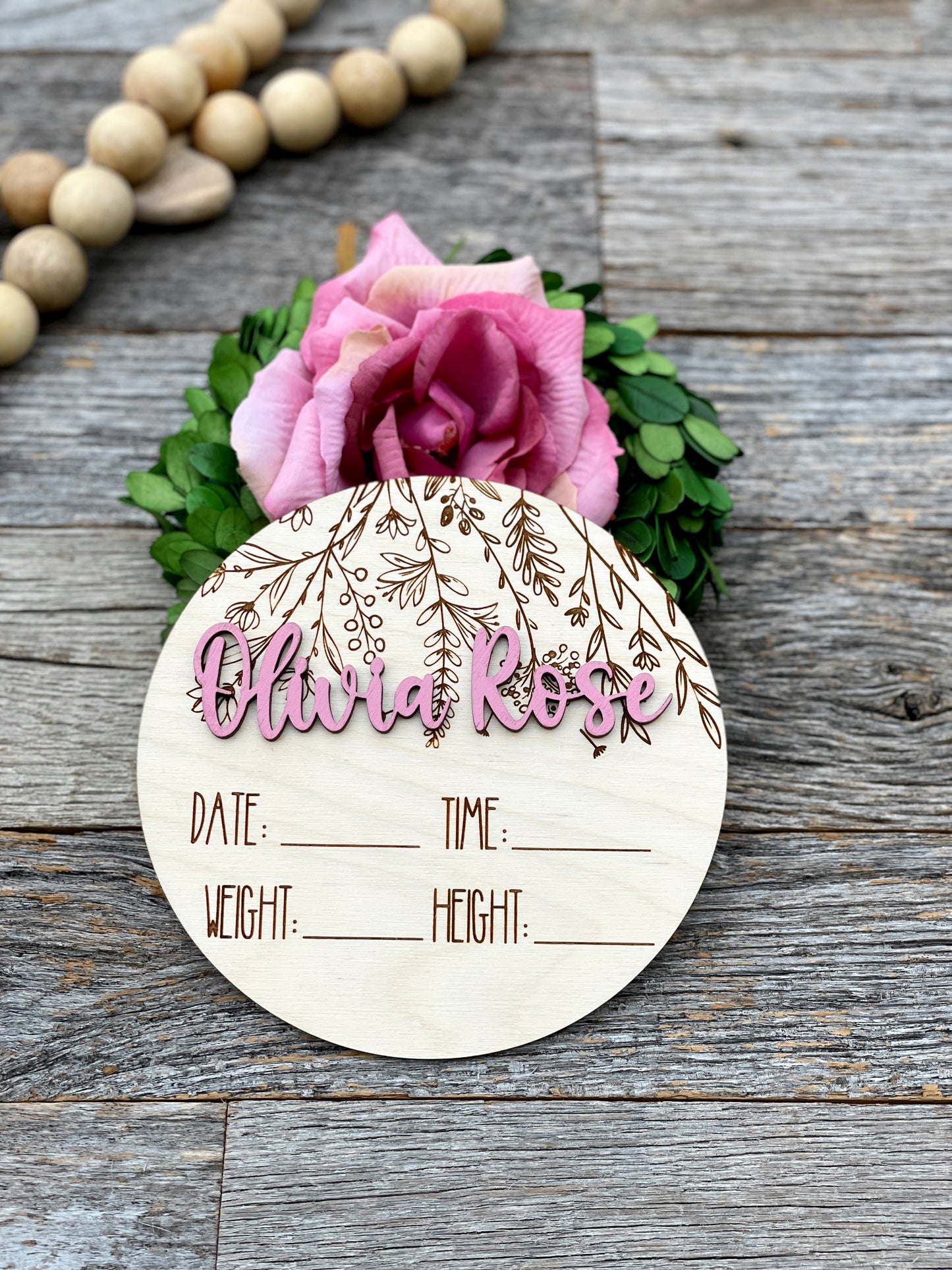 Custom laser engraved Baby Birth Announcement, wildflowers, Wood baby photo prop