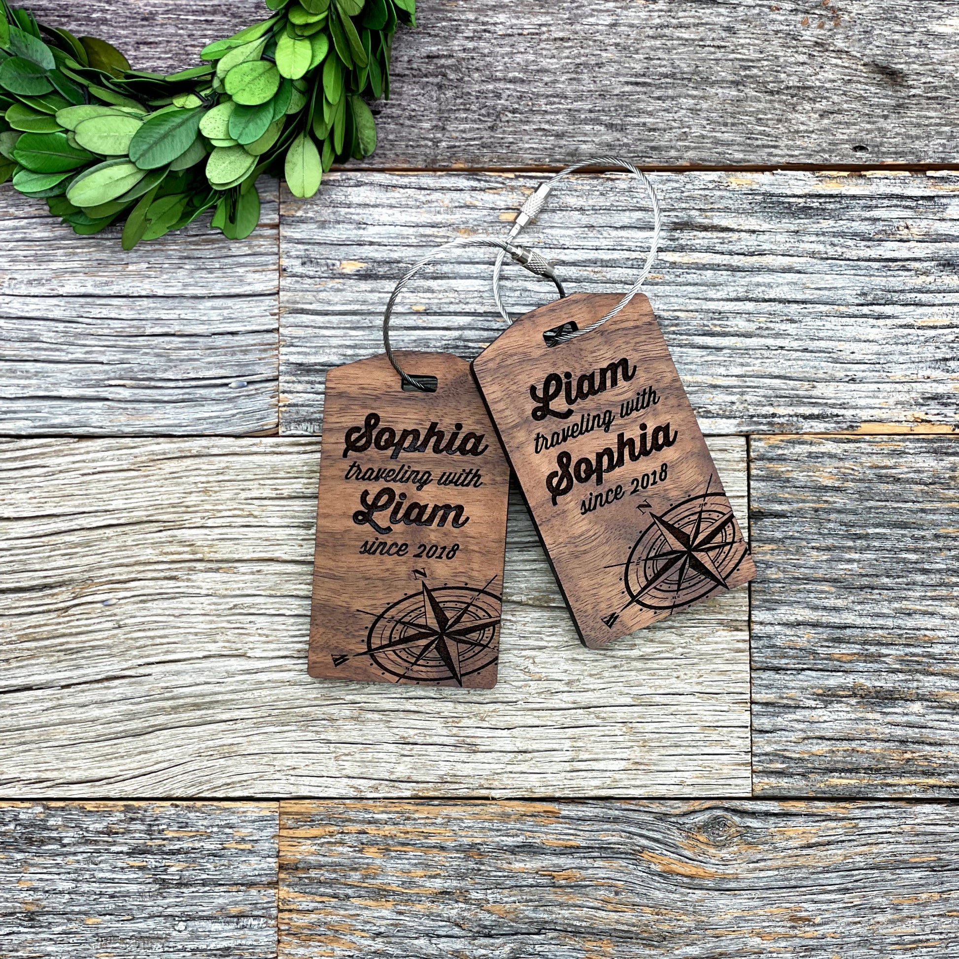 Laser engraved luggage tags for couples, custom wood luggage tags for couples