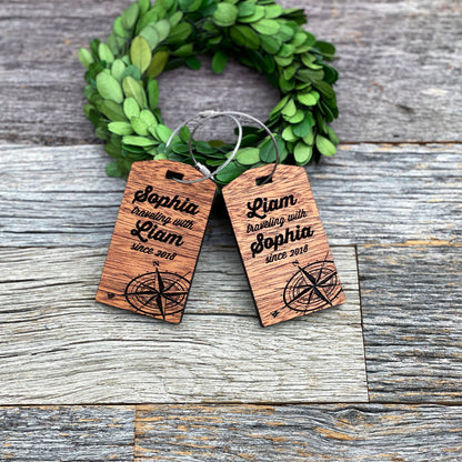 Laser engraved luggage tags for couples, custom wood luggage tags for couples
