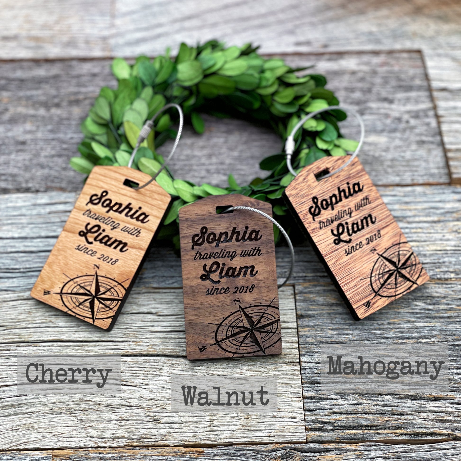 Laser engraved luggage tags for couples, custom wood luggage tags for couples