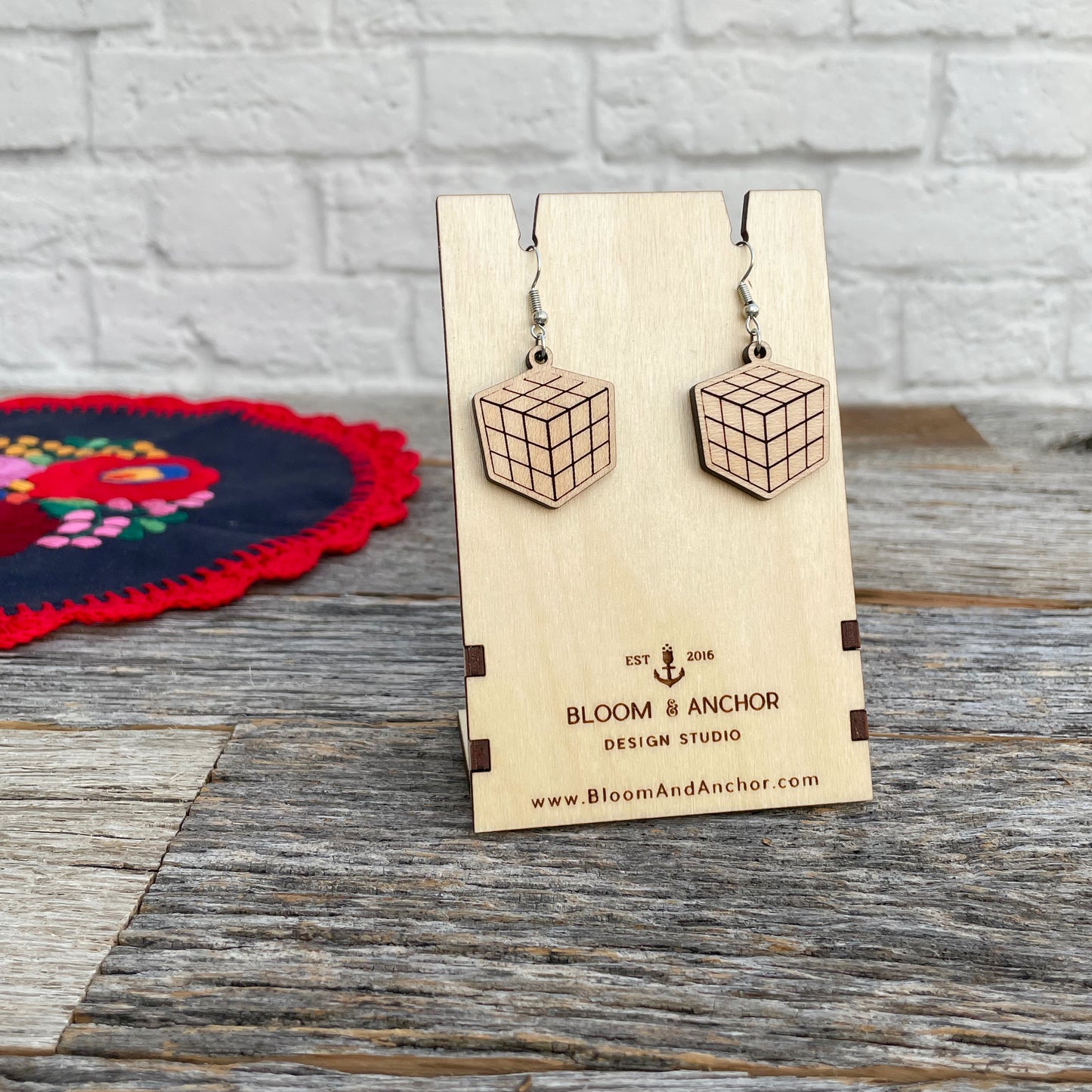 Laser cut retro minimalist Rubik's cube earrings, laser engraved wood puzzle cube earrings