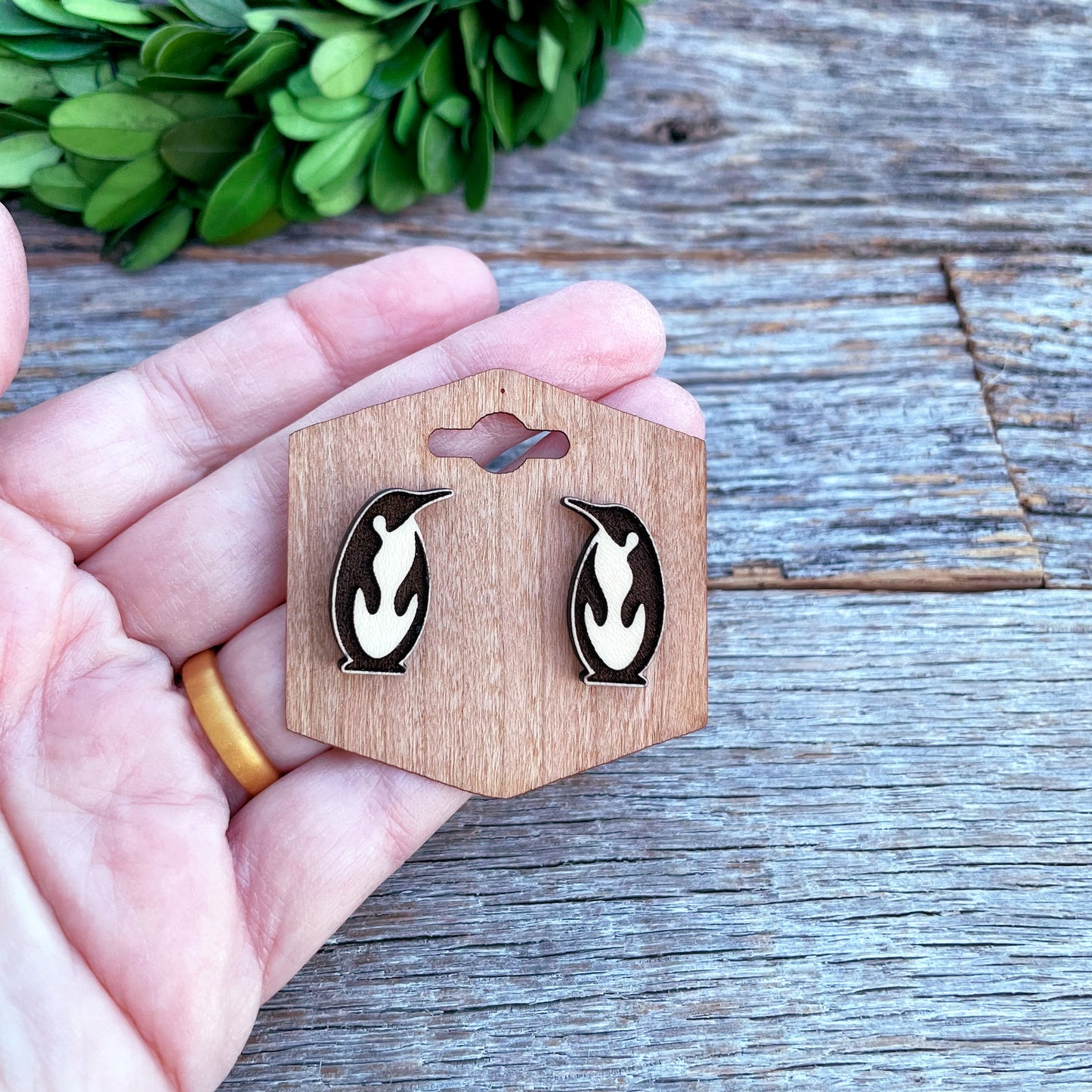 Adorable penguin laser cut stud earrings, laser engraved penguin studs