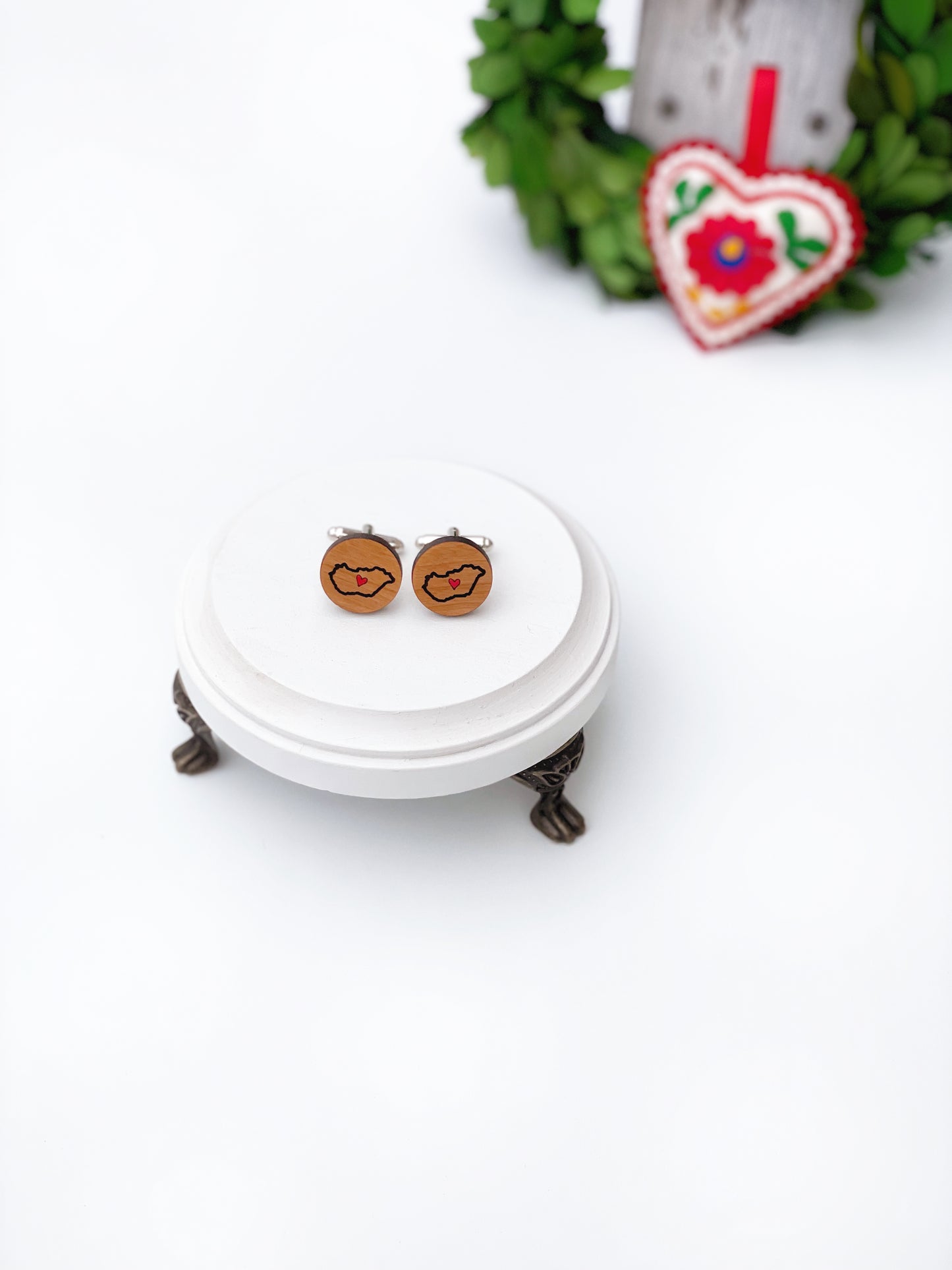 Engraved wood Hungarian cufflinks, Hungary cufflinks with tiny heart