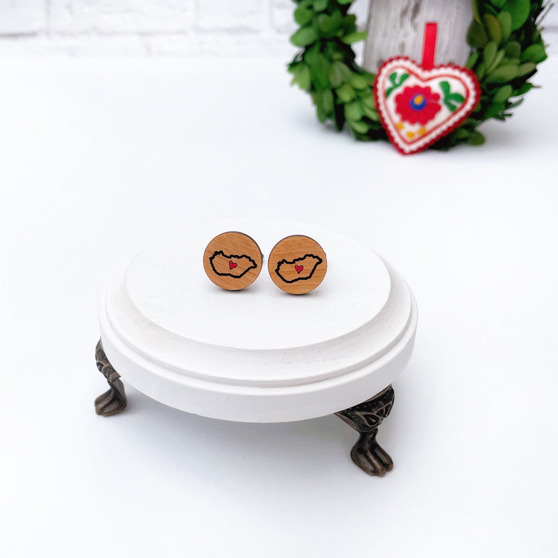 Engraved wood Hungarian cufflinks, Hungary cufflinks with tiny heart