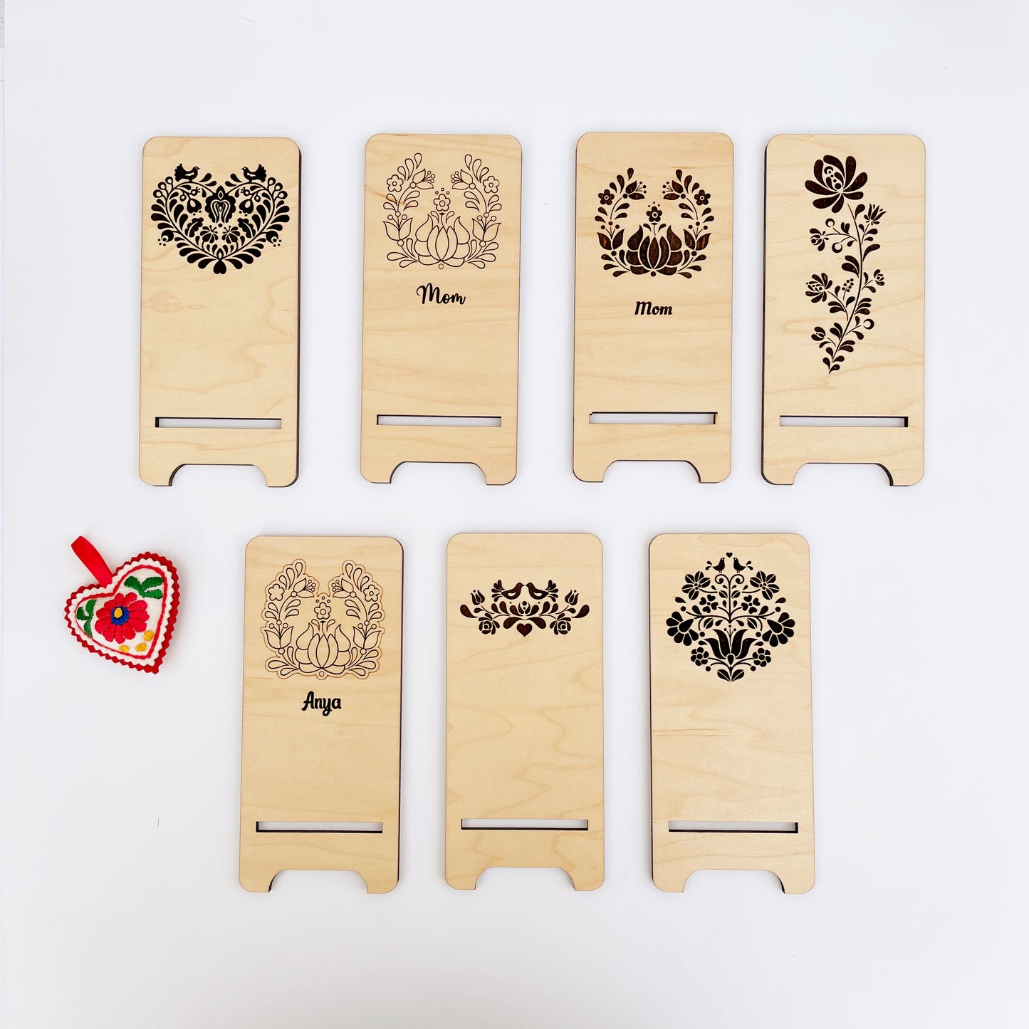 Laser Engraved Phone Stand, custom wood cell phone stand with Hungarian floral folk motif