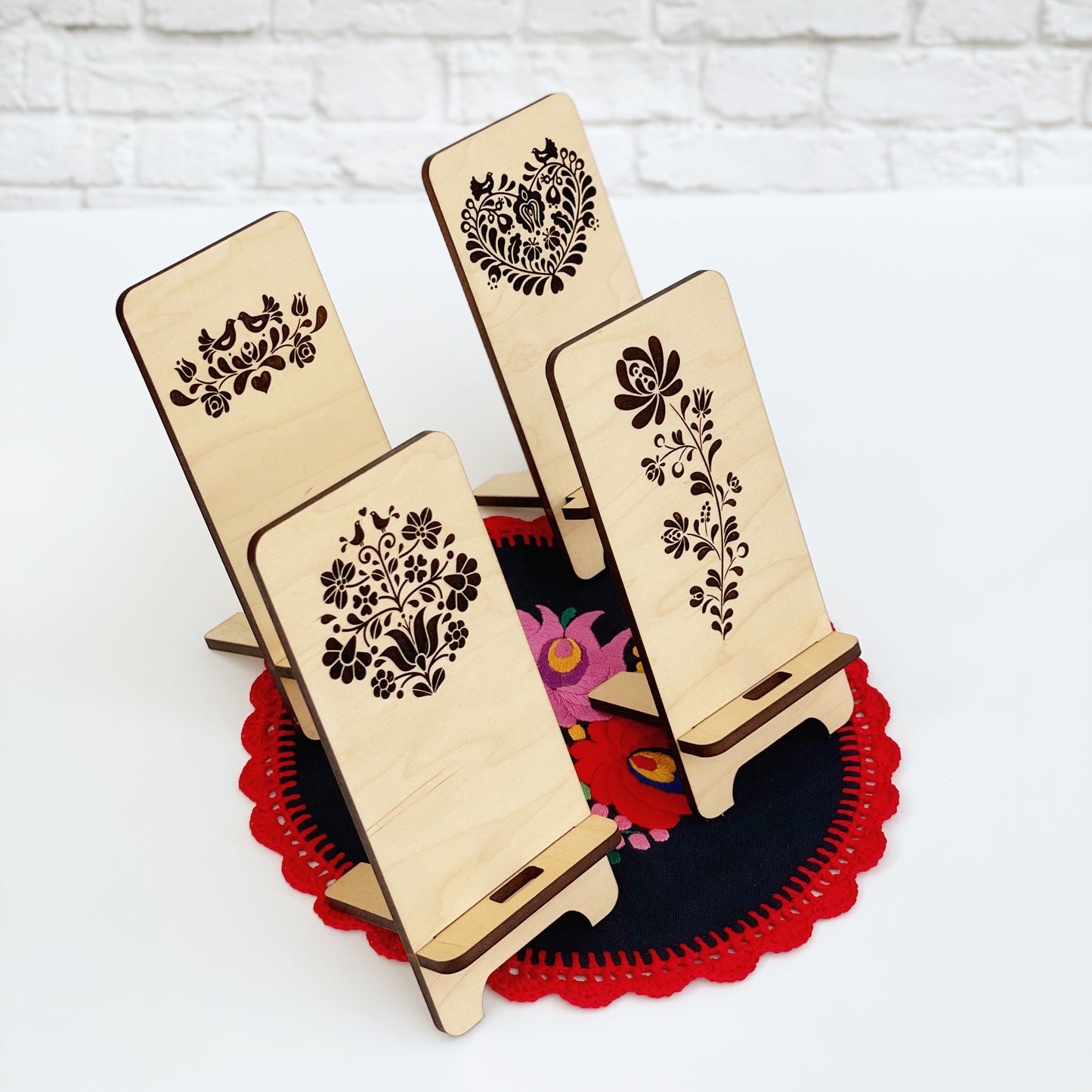 Laser Engraved Phone Stand, custom wood cell phone stand with Hungarian floral folk motif