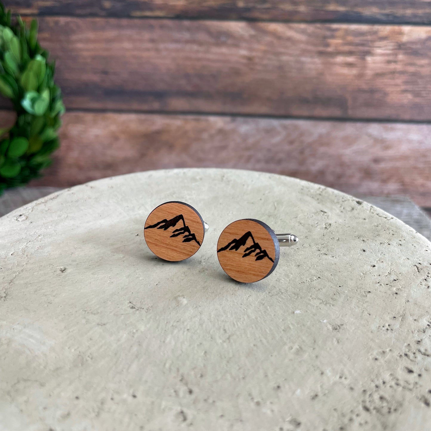 Engraved wooden cufflinks with mountain ridge, mountain range