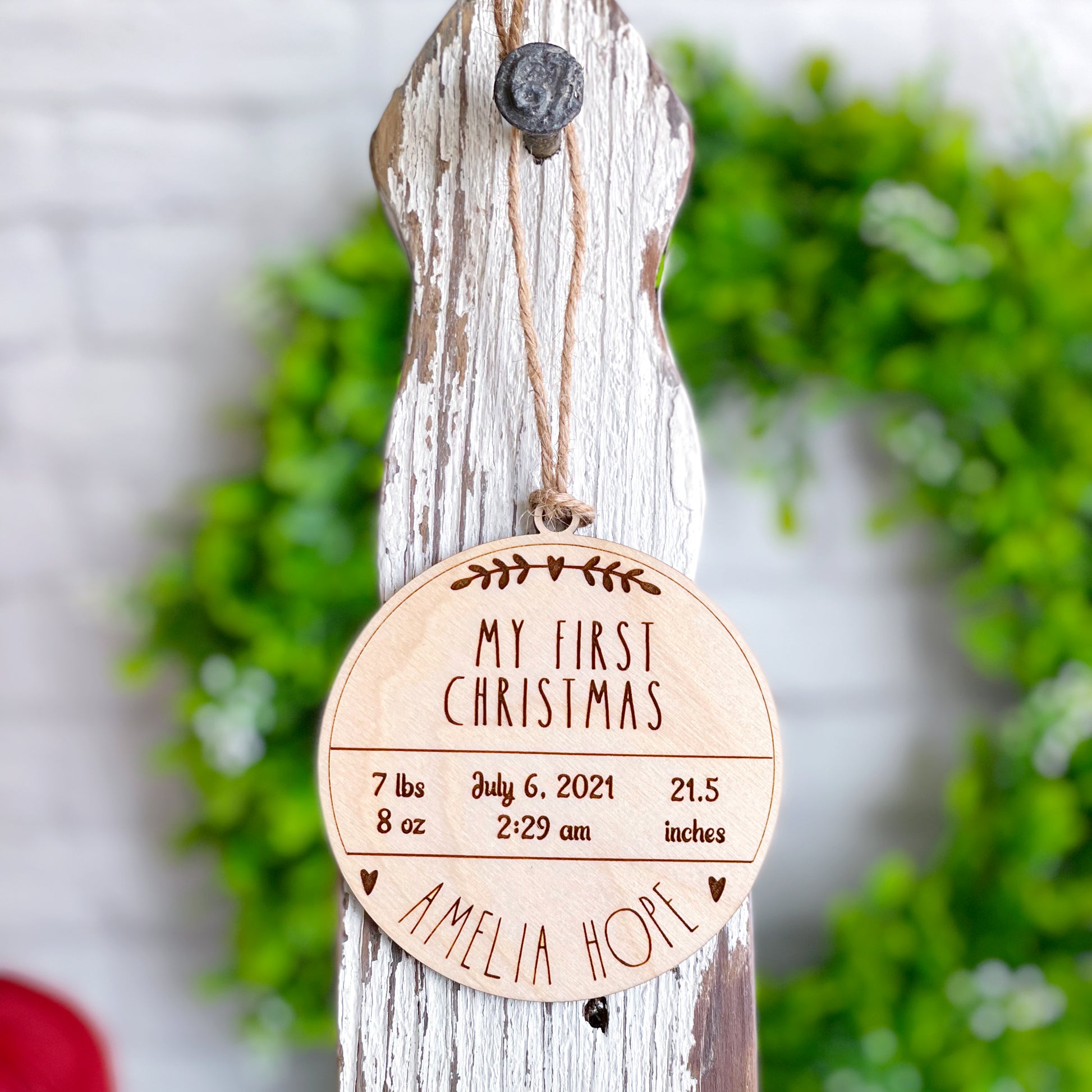 Baby's first Christmas engraved keepsake wooden ornament,