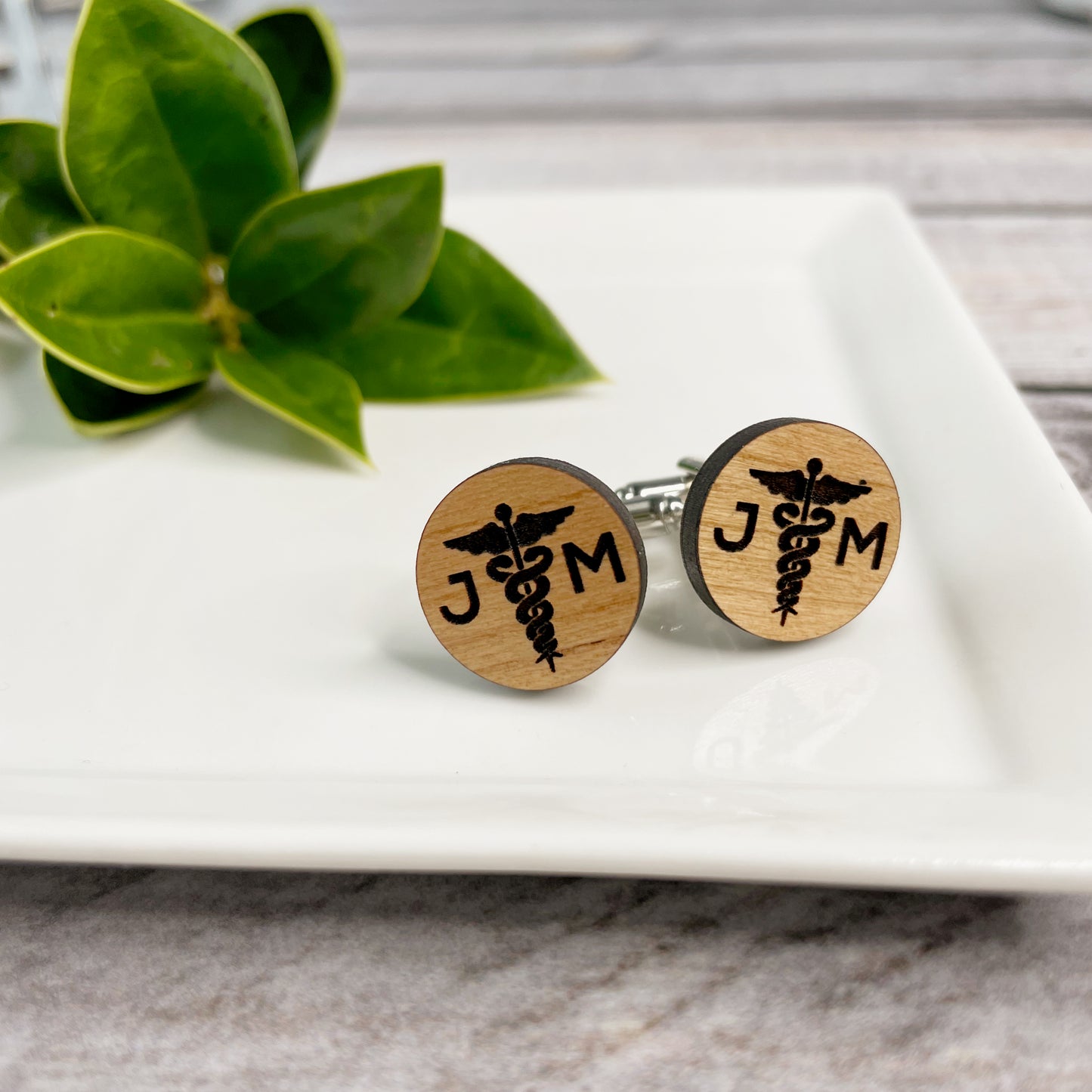 Laser engraved personalized wooden cufflinks with Caduceus